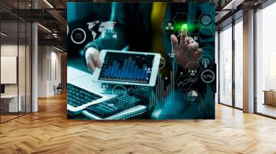 Businessman hands working on network and digital finance marketing chart with future technology innovation and digital transformation concept.
 Wall mural