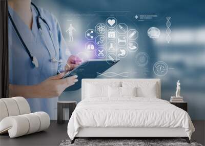 Doctor looking at x ray, Double exposure of healthcare And Medicine concept. Doctor using digital tablet and modern virtual screen interface. Wall mural