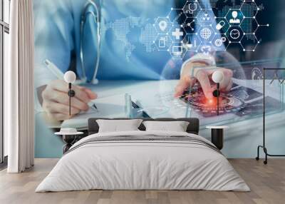 Double exposure of medical doctor working with medical interface icon.	Coronavirus. Wall mural