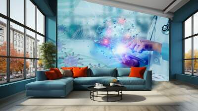 Double exposure of Medicine doctor touching tablet with  digital healthcare and network connection and hologram modern virtual screen interface icons, Medical technology and futuristic concept. Wall mural