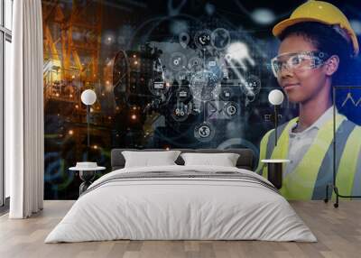 Future building construction engineering and technology project concept. double exposure graphic with engineer woman using digital tablet and smart industry and IOT software to control operation. Wall mural