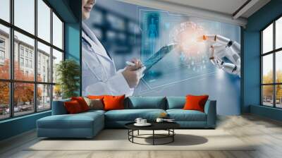 Medicine doctor and robot hand touching on a patients x-ray scans digital healthcare and connection with modern virtual screen interface icons, Medical technology and network concept. Wall mural