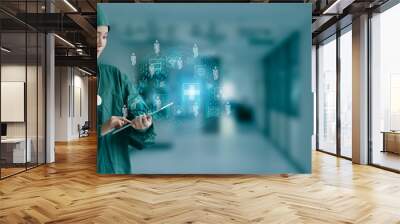 Medicine doctor using digital healthcare and network connection on hologram modern virtual screen interface icons, Medical technology futuristic concept. Wall mural