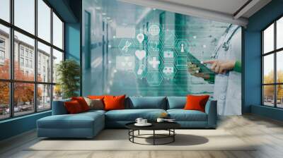 Medicine doctor using digital healthcare and network connection on hologram modern virtual screen interface icons, Medical technology futuristic concept. Wall mural