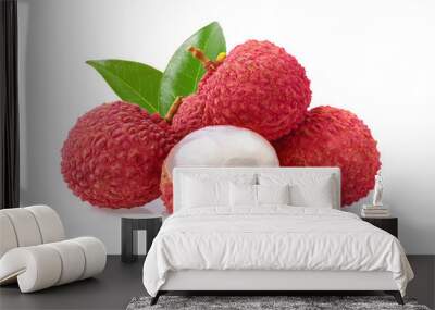 Lychee with leaves tropical fruit isolated on white background. Wall mural