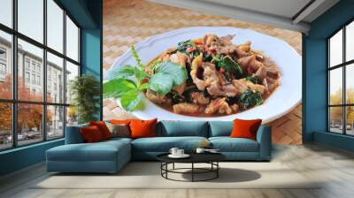 Thai food, Pork,with chili pepper and sweet basil. Wall mural