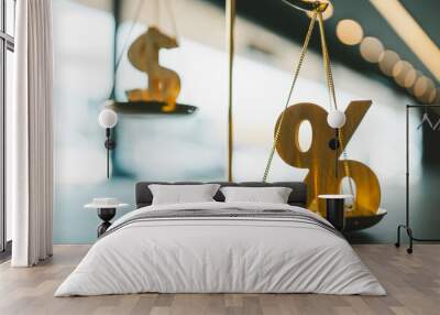 A picture of a balance scale with a dollar sign and a percentage sign together, the idea that the value determined by interest rates going up or down is more important than the actual value of money. Wall mural