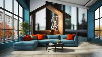 Light bulb with wood house on the table, a symbol for construction, Creative light bulb idea, power energy or business idea concept ecology, loan, mortgage, property or home. Wall mural