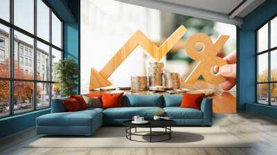 Percentage model and down arrow with coin stack. Key concepts for success, methods, systems of raising or lowering Fed interest rates to correct inflation concepts. Wall mural