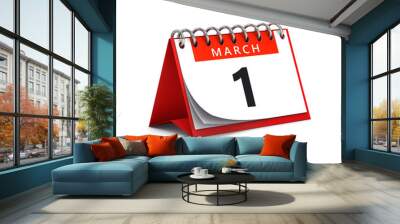 3D rendering of red desk paper spring month of March 1 date - calendar page isolated on white Wall mural