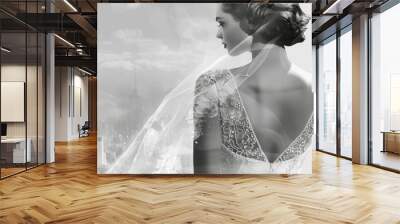 A black and white portrait of a woman standing in a wedding dress Wall mural