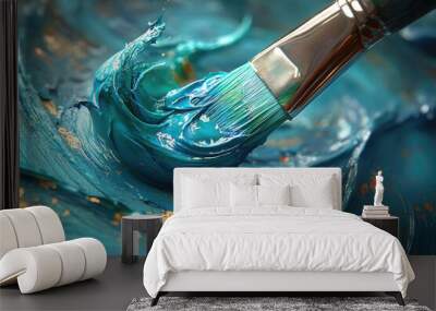 A brush dips into vibrant blue paint, skillfully swirling it to create a dynamic texture, showcasing creativity and artistic expression Wall mural