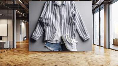 A casual outfit showcases a striped shirt layered over a white top, paired with denim shorts and white sneakers Wall mural