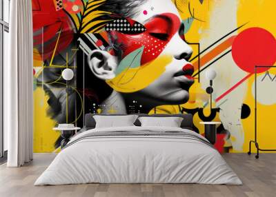 A collage featuring different angles of a womans face against a vibrant yellow background Wall mural