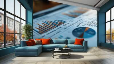 A comprehensive financial report features vibrant graphs and charts displayed on a desk in a bright office, reflecting afternoon light Wall mural