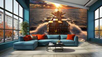 A container ship glides across the ocean as the sun sets, casting a warm glow over the water Wall mural