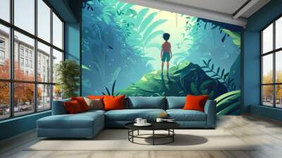 A curious boy stands alone in a dense jungle, captivated by the vibrant foliage and soft light pouring through the canopy above Wall mural