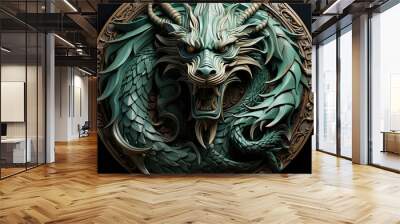 A detailed green dragon head with scales and horns against a stark black background Wall mural