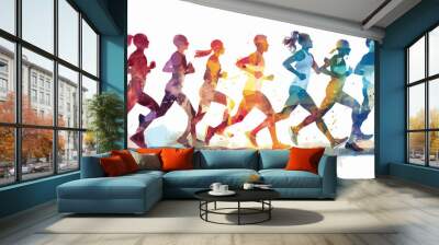 A diverse group of individuals competing in a marathon race, running on a road with determination and focus Wall mural