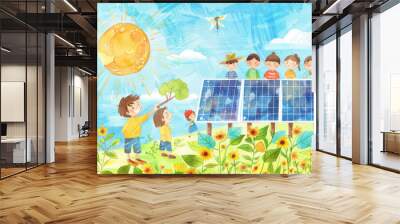 A group of children enthusiastically explores solar energy concepts in a sunlit field adorned with colorful sunflowers Wall mural