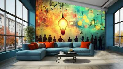 A group of people stand in silhouette looking up at a bright lightbulb hanging from a wire. The lightbulb is positioned in front of a colorful wall with abstract drawings and circles Wall mural