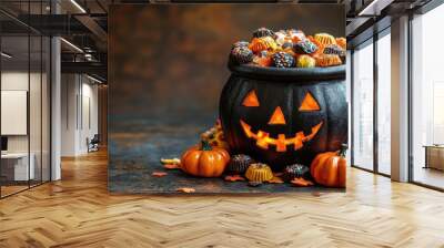 A Halloween-themed cauldron overflowing with assorted candies sits next to vibrant mini pumpkins, creating a cozy autumn atmosphere Wall mural