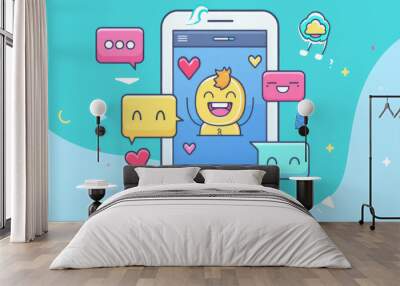 A joyful cartoon figure with hearts celebrates receiving likes and comments on a smartphone, surrounded by vibrant speech bubbles in a playful setting Wall mural