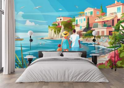 A joyful family strolls along the shore, surrounded by bright houses and a beautiful blue sea on a sunny afternoon Wall mural