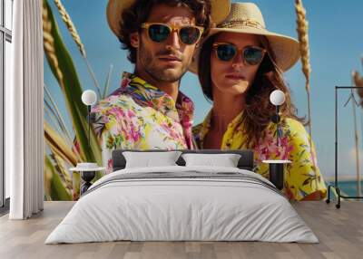 A man and woman dressed in floral summer clothes stand confidently by a beach with clear blue sky Wall mural