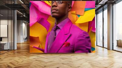 A man in a vibrant purple suit stands in front of a wall covered in colorful paper squares. He is looking up and wearing glasses, with a purple tie and a red pocket square Wall mural