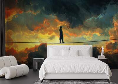 A man stands confidently on a tightrope suspended in the middle of a cloudy sky, showcasing impressive balance and nerve Wall mural