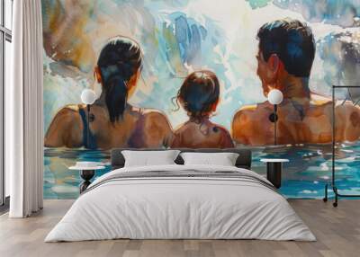 A painting depicting three individuals immersed in a pool of water, engaging in various activities Wall mural