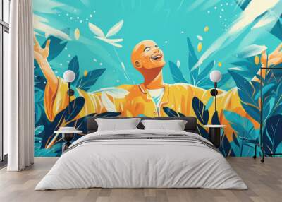 A person expresses happiness surrounded by vivid greenery and gentle sunlight, celebrating the beauty of nature Wall mural