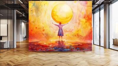 A silhouette of an individual raises a bright sun at the water’s edge during a colorful sunset, symbolizing strength and optimism Wall mural