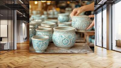 A skilled artisan carefully places a decorative pot amidst various handcrafted ceramics in a vibrant pottery workshop during daytime Wall mural