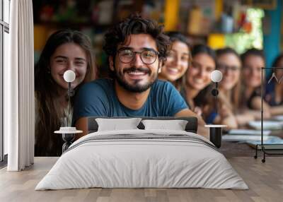 A smiling young man poses at a wooden table, surrounded by happy friends enjoying their time in a colorful café Wall mural