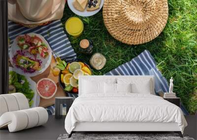 A variety of food items arranged neatly on a blanket for a picnic, including sandwiches, fruits, cheese, and beverages Wall mural