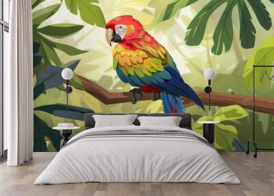 A vibrant parrot with red, yellow, and blue feathers sits on a branch amidst dense green foliage in a tropical rainforest Wall mural