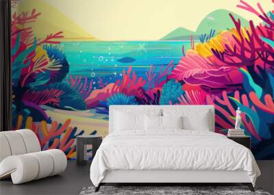 A vivid underwater landscape features vibrant coral reefs, tropical fish, and bubbles drifting upward, illuminated by the soft glow of the morning sun Wall mural