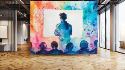 A watercolor painting depicts a man speaking to a crowd, rendered in shades of blue, with a colorful watercolor backdrop Wall mural