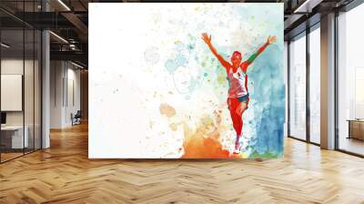 A watercolor painting of a runner celebrating with arms raised high Wall mural