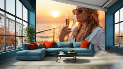 A woman relaxes with champagne on a yacht as the sun sets over the ocean Wall mural