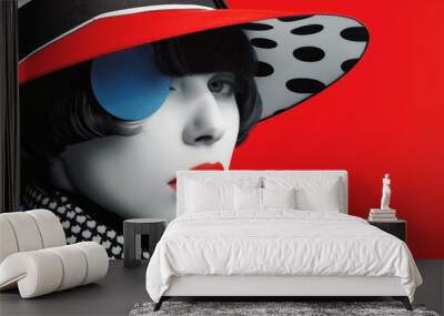 A woman with a red hat and polka dot scarf Wall mural