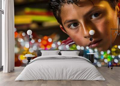 A young boy focuses intently on arranging colorful beads for an art project Wall mural