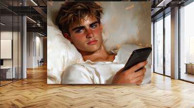 A young man lounging on a bed, focused on his smartphone amidst soft bedding in the gentle glow of evening light Wall mural