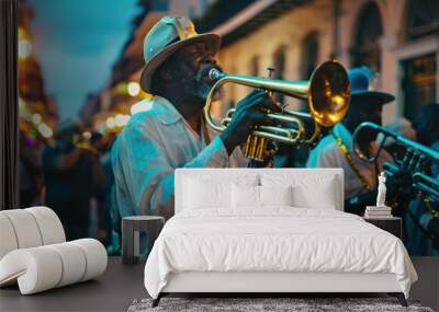 African american man in casual attire playing a trumpet on a bustling city street, surrounded by pedestrians and urban buildings Wall mural