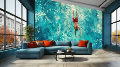 An aerial view of a man in red swim trunks diving into the turquoise ocean water Wall mural