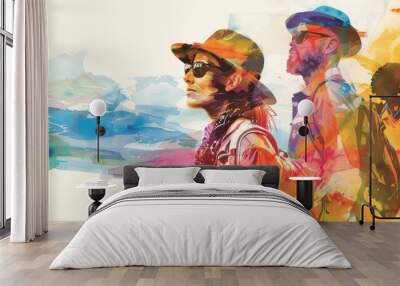 Artistic portrayal of a group with two men and one woman in a splash of colorful watercolor strokes Wall mural