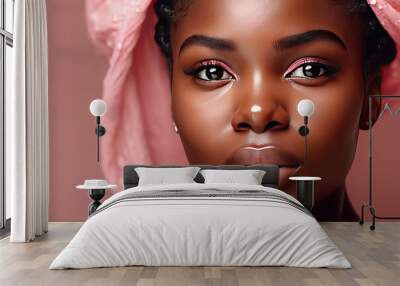 Charming african girl with healthy skin and natural makeup looks at camera on pink background Wall mural