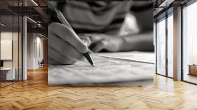 Close-up view of a persons hand holding a pen and writing notes on sheets of paper on a desk Wall mural